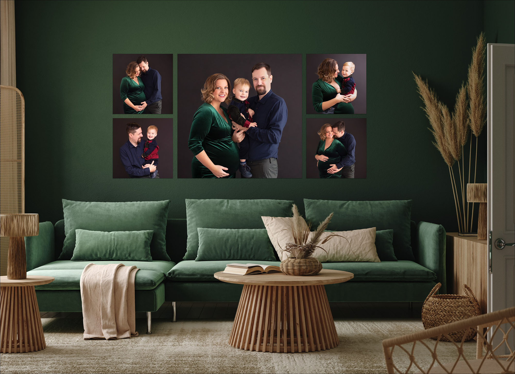Family maternity wall art display showing a pregnant mother, partner and child across five coordinated green portraits.